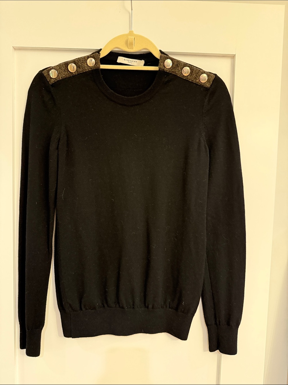 Givenchy Black Crewneck Sweater with Gold-Tone Shoulder Buttons